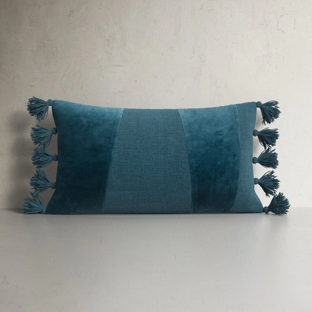 Birch Lane Legaspi Dark Teal Lumbar Pillow Tassel Cotton Velvet Decor